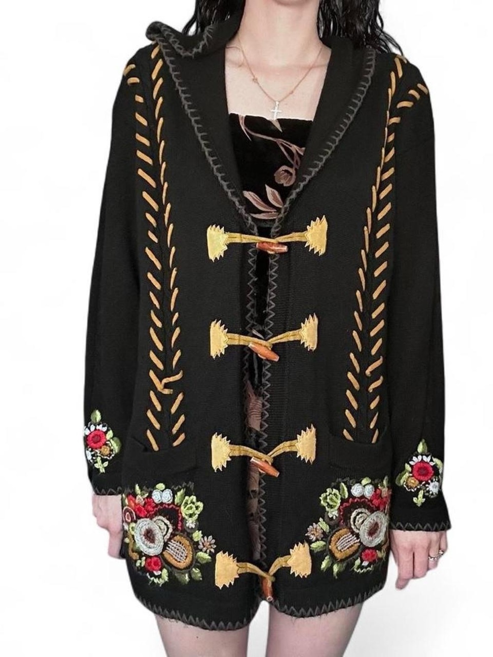 Black Floral boho Embroidered Cardigan with button detailing Size Large